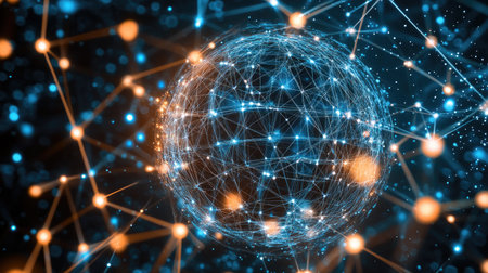 A stunning abstract depiction of a glowing digital globe surrounded by intricate network connections, symbolizing technology, data, and global communication.の素材