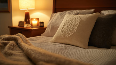 A serene bedroom scene featuring soft textures and warm lighting, ideal for relaxation. Decorative throw pillows and a cozy blanket enhance the inviting atmosphere.の素材