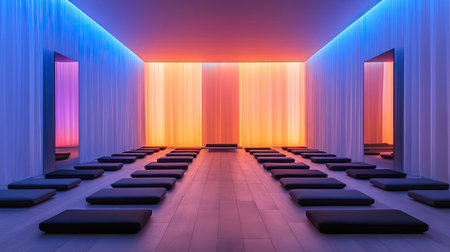 This serene meditation space features vibrant lighting illuminating cushioned mats, creating a tranquil environment for relaxation and mindfulness practices.の素材