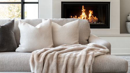 A cozy living room scene featuring a soft sofa adorned with plush pillows and a warm blanket, complemented by a flickering fireplace that creates a welcoming atmosphere.の素材