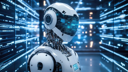 A detailed humanoid robot stands against a futuristic digital backdrop. The image captures advanced technology and innovation in a sleek, high-tech environment, emphasizing artificial intelligence and robotics.の素材