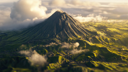 A breathtaking aerial view of a majestic volcano stands tall over a lush green landscape, surrounded by soft clouds. The scenery captures the natural beauty and tranquility of untouched wilderness.の素材