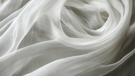 A close-up view of elegant white sheer fabric, showcasing its smooth and flowing texture. This versatile background is perfect for various design projects.の素材