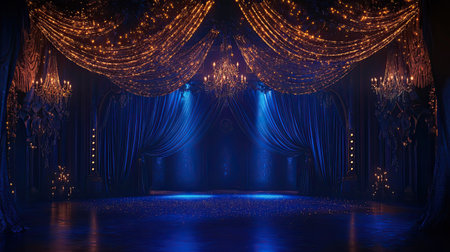 A stunning stage setup featuring elegant blue lighting, shimmering decorations, and lavish drapes, creating a magical ambiance perfect for performances and events.の素材