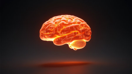 A futuristic digital brain illustration with glowing circuit patterns, representing advanced technology and artificial intelligence against a dark background.の素材