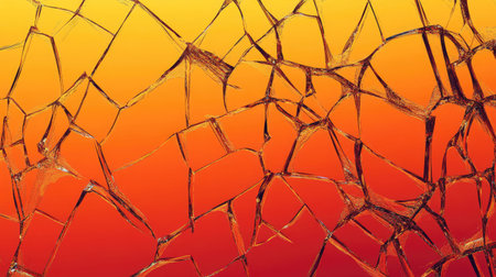 This image features a vibrant gradient background transitioning from orange to yellow, overlaid with a detailed cracked glass texture. Perfect for modern design projects.の素材