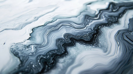 This abstract artwork features a mesmerizing black and white pattern with swirling lines and fluid shapes, perfect for modern backgrounds or artistic projects.の素材