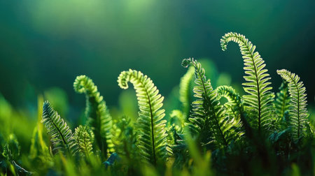 Lush green ferns bask in the soft sunlight, showcasing their intricate curled shapes. A calming scene that captures nature's delicate beauty and vibrant life.の素材