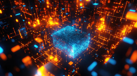 A captivating futuristic digital cube is surrounded by shimmering data streams in blue and orange hues, illustrating advanced technology and innovation in a cyber space setting.の素材