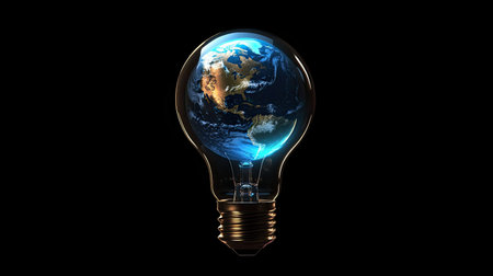 This captivating image features a light bulb containing the Earth, symbolizing innovative ideas, sustainability, and environmental awareness. The glowing globe represents a bright future.の素材