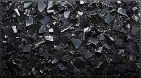 A close-up view of black obsidian stone featuring shiny, angular fragments. This texture showcases elegant dark tones, perfect for various design projects or backgrounds.の素材