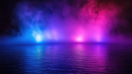 A stunning water fountain display featuring vibrant colored lights and mist, creating a captivating atmosphere at night over a peaceful lake.の素材