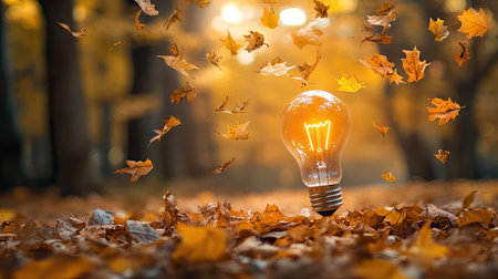 This enchanting image features a glowing light bulb amidst floating autumn leaves, capturing the essence of creativity and peaceful nature in a warm forest setting.の素材