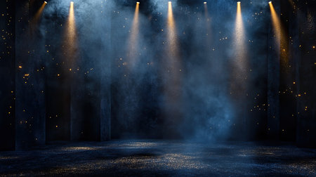 This image showcases a dramatic stage setting with beams of light piercing through smoke, creating an atmospheric backdrop perfect for performances and events.の素材