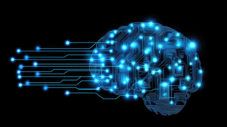 This creative image features a futuristic brain design with luminous circuits and light effects, symbolizing innovation in technology and artificial intelligence.の素材