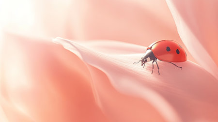 A beautiful ladybug resting on a soft pink petal, illuminated by gentle light. This serene image captures the charm of nature and vibrant colors in a delicate composition.の素材