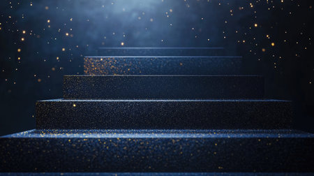 A mesmerizing staircase adorned with glittering particles leads upward into a mystical light. This enchanting scene evokes a sense of mystery and wonder, ideal for creative projects.の素材