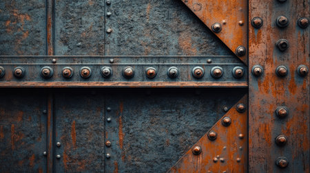 A close-up view of a weathered metal surface featuring rust and rivets. The combination of blue and orange tones creates a striking industrial aesthetic, perfect for backgrounds and textures.の素材