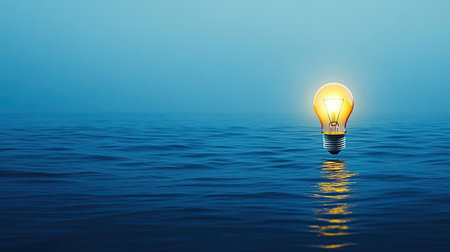 A luminous light bulb floats gracefully on the calm water's surface, surrounded by a serene blue mist, creating a tranquil and inspiring atmosphere that sparks creativity.の素材