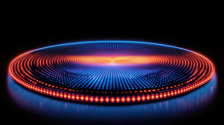 A captivating digital surface displaying a mesmerizing blend of blue and orange lights against a deep black background, creating a futuristic ambiance.の素材