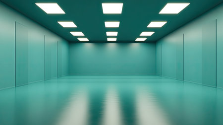 This image features a minimalist interior space with modern lighting in a vibrant turquoise color. The empty setting evokes a sense of calm and tranquility.の素材