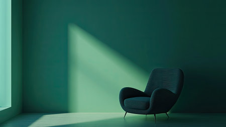 This image features a modern interior scene with a striking green wall and a stylish armchair, capturing a serene and minimalist atmosphere perfect for relaxation.の素材