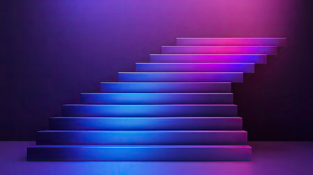 A captivating image showcasing vibrant stairs illuminated with a gradient of purple and blue lights, set against a dark background, creating an abstract and modern aesthetic.の素材