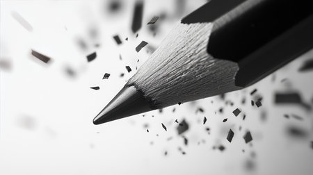 A dramatic close-up of a black pencil with graphite shavings flying away in dynamic motion, showcasing creativity and precision against a clean white background.の素材