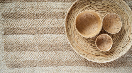 Explore the beauty of rustic handcrafted baskets arranged on a woven natural fiber background, showcasing organic textures and simple elegance for home decor.の素材