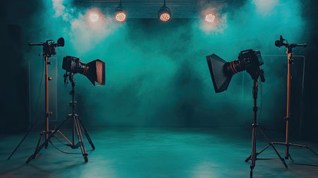 Captivating photography studio showcasing professional equipment with unique lighting and smoke effects, ideal for creative projects and photo shoots.の素材