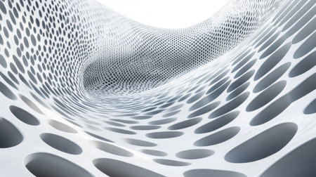 A stunning abstract wave pattern features circular holes in a seamless design. This unique image exemplifies modern architecture with a fluid and minimalistic aesthetic, showcasing depth and texture.の素材