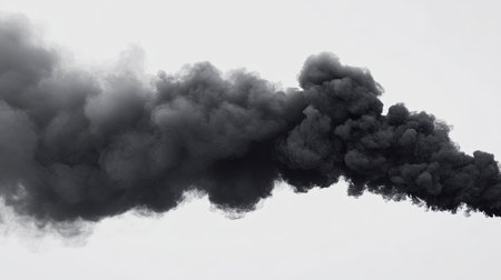 A dramatic dark smoke plume rises against a light gray sky, illustrating the impact of air pollution and industrial activity on the environment.の素材