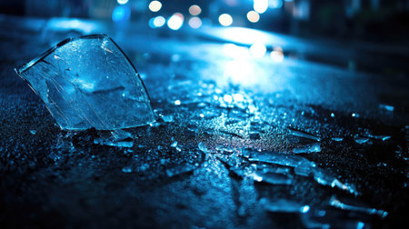 Close-up view of shattered glass scattered on a wet surface, illuminated by blue lights. The scene evokes a sense of mystery and urban atmosphere at night.の素材