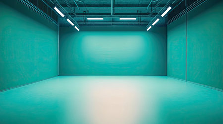 This image showcases an empty modern studio space with teal walls and bright lighting, creating a calm and inviting atmosphere perfect for creative projects.の素材