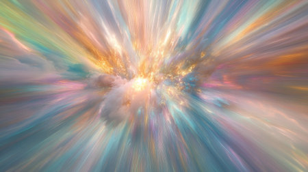 This vibrant abstract image depicts an explosion of light and color, creating a dreamy atmosphere filled with motion and energy. The ethereal patterns evoke a sense of imagination and wonder.の素材