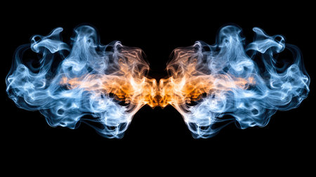 Explore the stunning symmetry of blue and orange smoke patterns. This artistic abstract captures the fluid movement and mystical essence of vapor in a captivating design.の素材