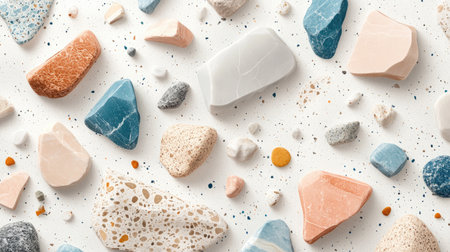 A vibrant assortment of colorful natural stones and pebbles arranged on a white background, showcasing diverse textures and patterns. Perfect for artistic projects.の素材