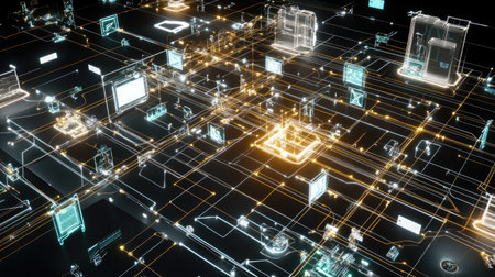 Explore a futuristic digital landscape filled with glowing lines and abstract shapes, depicting a complex network of interconnected technology elements and data pathways.の素材