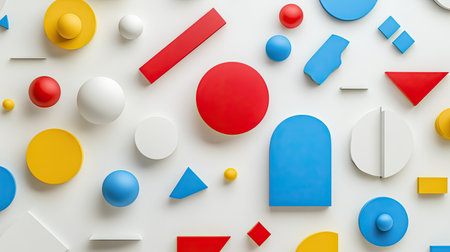 Explore a vibrant arrangement of geometric shapes in various colors on a minimalistic background. Ideal for creative design projects or art inspirations.の素材