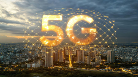 A stunning aerial view of a modern cityscape illuminated by city lights, featuring a vibrant 5G network overlay symbolizing digital connectivity and innovation.の素材