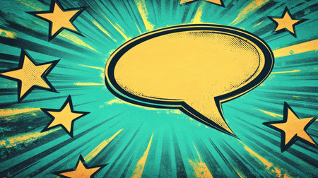 Bold comic-style speech bubble set against a vibrant starburst background. Ideal for creative projects, marketing materials, and playful designs.の素材