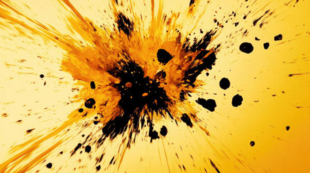This stunning image features a vibrant yellow paint splash with chaotic black particles, showcasing artistic energy and dynamic visual appeal. Perfect for various creative projects.の素材