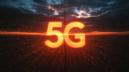 A stunning visual representation of 5G technology, showcasing vibrant light effects against a dramatic sunset backdrop. Perfect for technology and communication themes.の素材