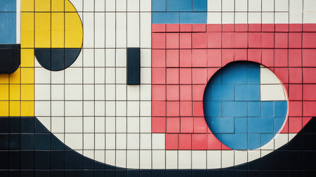 A striking close-up of a colorful geometric abstract wall art featuring various shapes and bold colors. This modern design adds an artistic touch to any space.の素材