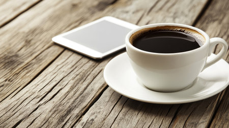 A steaming cup of black coffee sits on a rustic wooden table alongside a smartphone, capturing a cozy and modern lifestyle moment perfect for relaxation.の素材