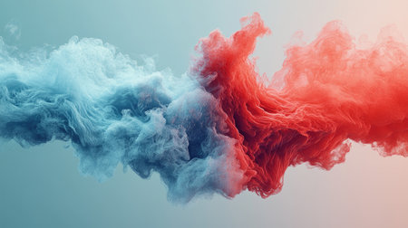 Stunning abstract artwork featuring swirling smoke waves in blue and red tones. The soft background enhances the dynamic flow, creating a vibrant visual experience.の素材