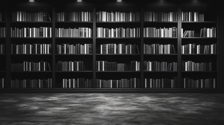 A dark and moody bookshelf filled with rows of books creates a serene atmosphere. This black and white image evokes feelings of reading and contemplation. Perfect for projects related to literature or education.の素材