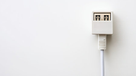 A white USB wall charger with two ports connected by a cable, set against a simple background. Ideal for showcasing modern technology and usability.の素材