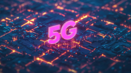 A vibrant 5G symbol stands out against an abstract technology background, showcasing the future of digital communication and high-speed connectivity in urban environments.の素材