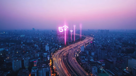 A breathtaking view of a bustling city at dusk, showcasing a dynamic urban landscape enhanced by glowing 5G connectivity symbols that exemplify modern technology.の素材
